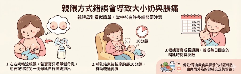 親餵方式錯誤會導致大小奶與脹痛